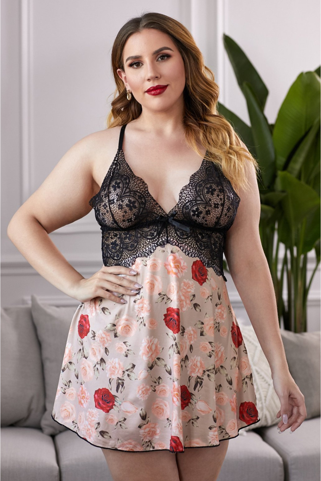 Pink Plus Size Floral Babydoll Sexy Lingerie LoveYourCurvy